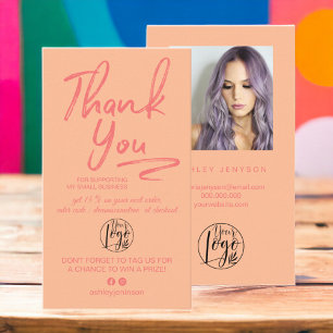 Boho peach script photo logo order thank you business card