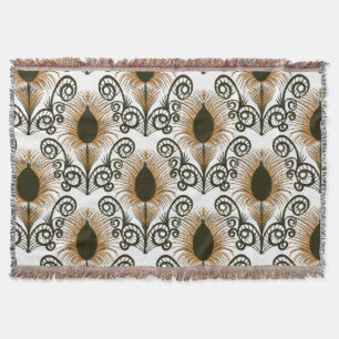 Boho Peacock Feather Jewel Tone-Golden Brown Throw Blanket