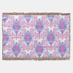 Boho Peacock Feather Jewel Tone-Neon Pink Throw Blanket