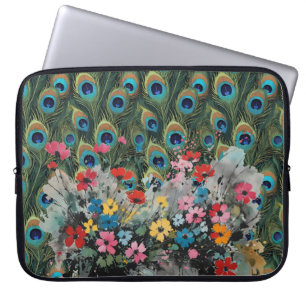 Boho Peacock Feathers And Wildflowers Laptop Sleeve