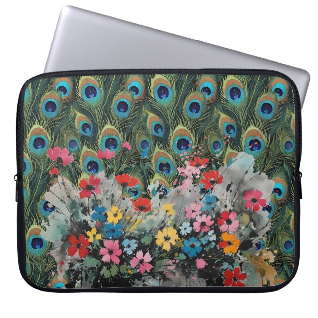 Boho Peacock Feathers And Wildflowers Laptop Sleeve (Front)