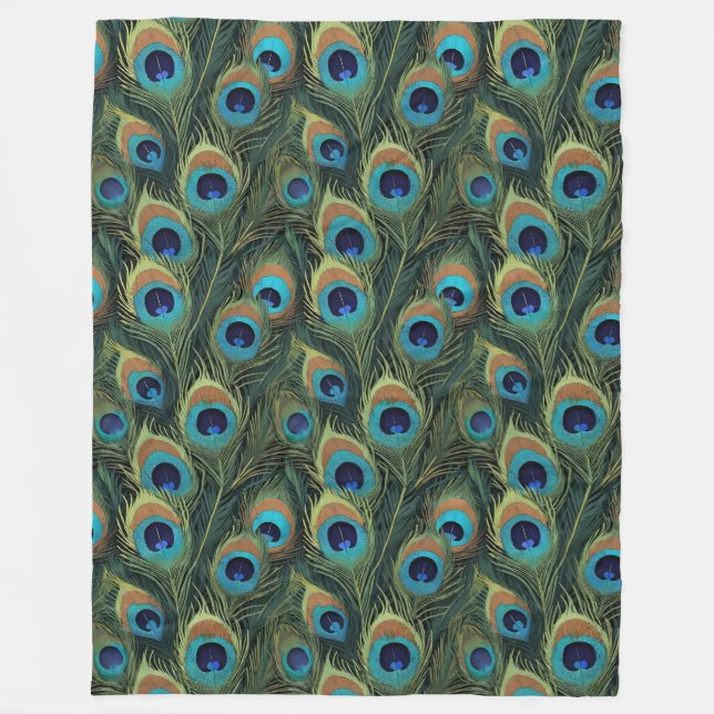 Boho Peacock Feathers Fleece Blanket (Front)