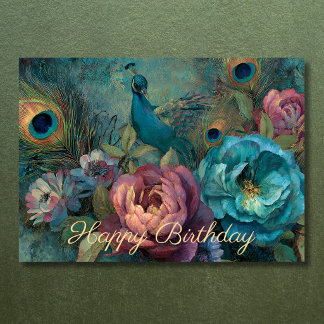 Boho Peacock Flowers and Feathers Birthday Card