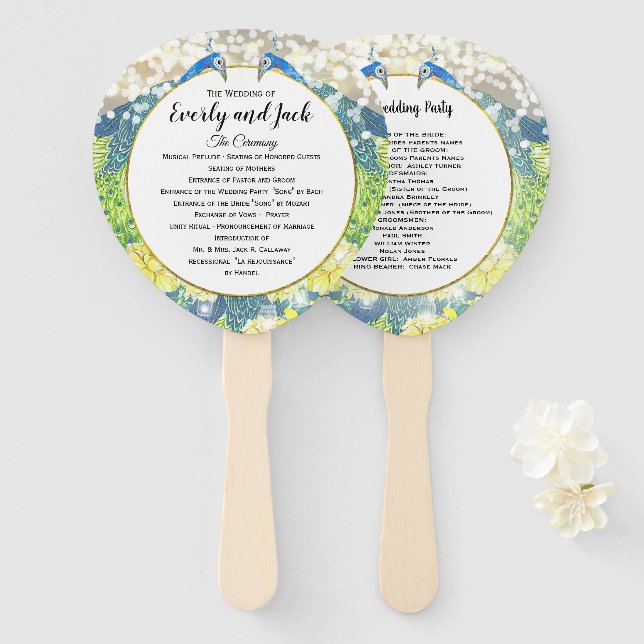 Boho Peacock GREEN Teal Gold Wedding Program Hand Fan (Front and Back)