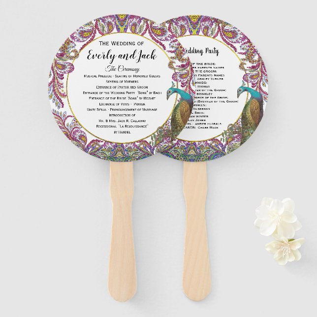 Boho Peacock Raspberry Teal Gold Wedding Program Hand Fan (Front and Back)