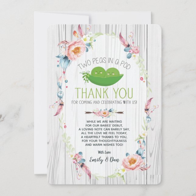 Boho Peas in a Pod Baby Shower Thank You Card Twin (Front)