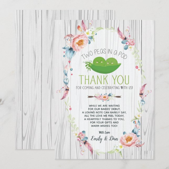 Boho Peas in a Pod Twin Baby Shower Thank You Card (Front/Back)
