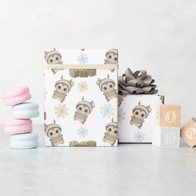 Boho Penguin And Snowflakes Baby Boy Wrapping Paper (Baby Shower)