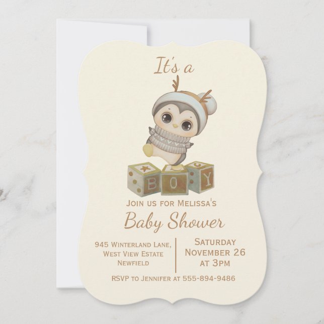 Boho Penguin Boy Baby Shower Invitation (Front)