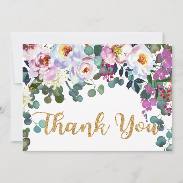 Boho Peonies White Gold Floral Modern Thank You Card (Front)