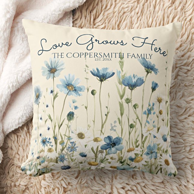 Boho Personalised Blue Wildflowers, Daisies Family Cushion (Creator Uploaded)