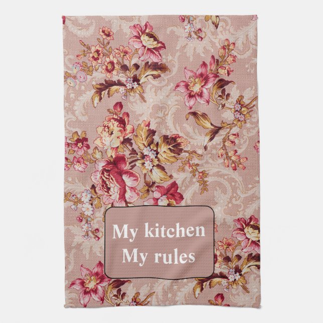 Boho Personalised Retro design Flower pattern pink Tea Towel (Vertical)