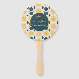 Boho Personalised Sun Moon Stars Blue Yellow Hand Fan