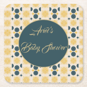 Boho Personalised Sun Moon Stars Blue Yellow Square Paper Coaster