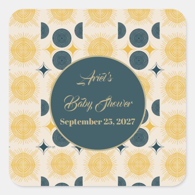 Boho Personalised Sun Moon Stars Blue Yellow Square Sticker (Front)