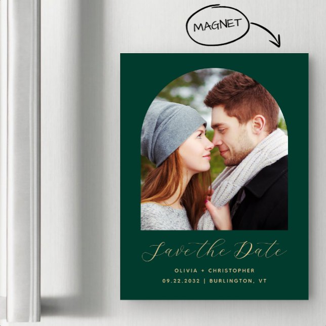 Boho Photo Arch Emerald Green Gold Save the Date Magnetic Invitation (Creator Uploaded)
