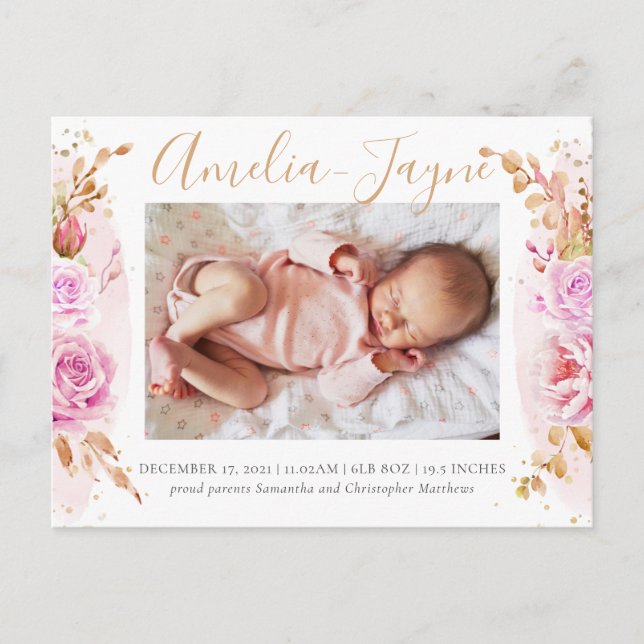 Boho Photo Baby Girl Birth Announcement Postcard (Front)
