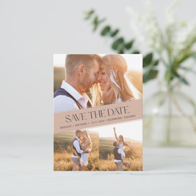 Boho Photo Collage Rustic Wedding Save the Date Announcement Postcard (Standing Front)