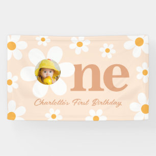 Boho Photo Daisy 1st Birthday Party Banner