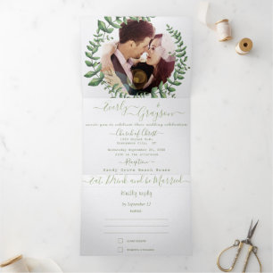 Boho Photo Green Eucalyptus Wreath Wedding Tri-Fold Invitation