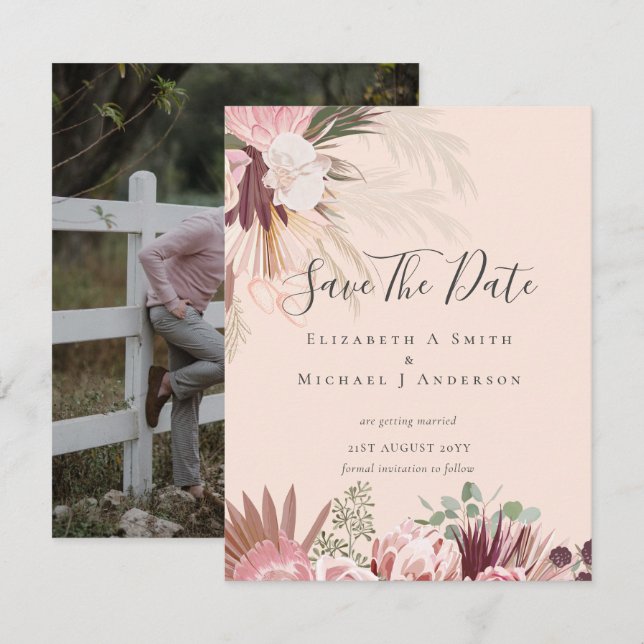BOHO PHOTO SAVE DATES - Pampas Grass Burgundy (Front/Back)