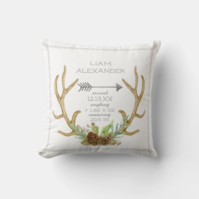 BOHO Pine Forest Deer Antler Arrow Baby Birth Stat Cushion (Front)