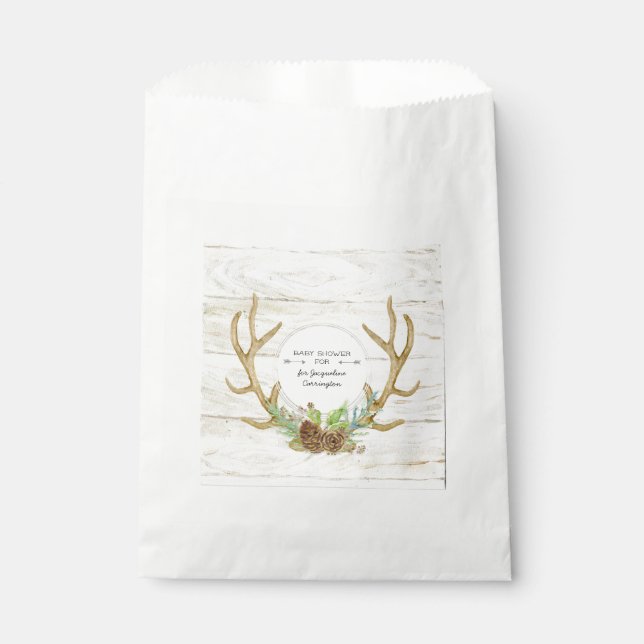 Boho Pine Forest Deer Antlers Arrows Baby Shower Favour Bag (Front)