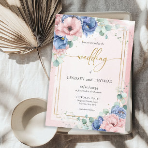 Boho pink and blue floral eucalyptus gold frame invitation