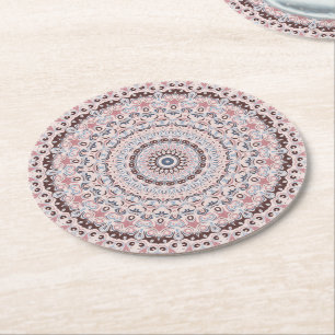 Boho Pink and Blue Mandala Pattern Round Paper Coaster