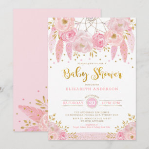 Boho Pink and Gold Dreamcatcher Floral Baby Shower Invitation
