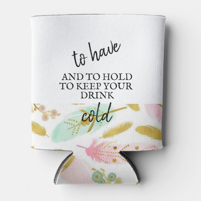Boho Pink and Gold Feathers Can Cooler (Front)