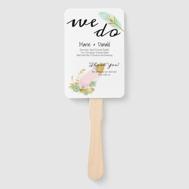 Boho Pink and Gold Feathers Program Hand Fan (Front)