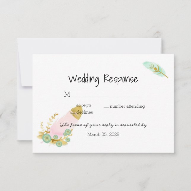 Boho Pink and Gold Feathers RSVP Card (Front)