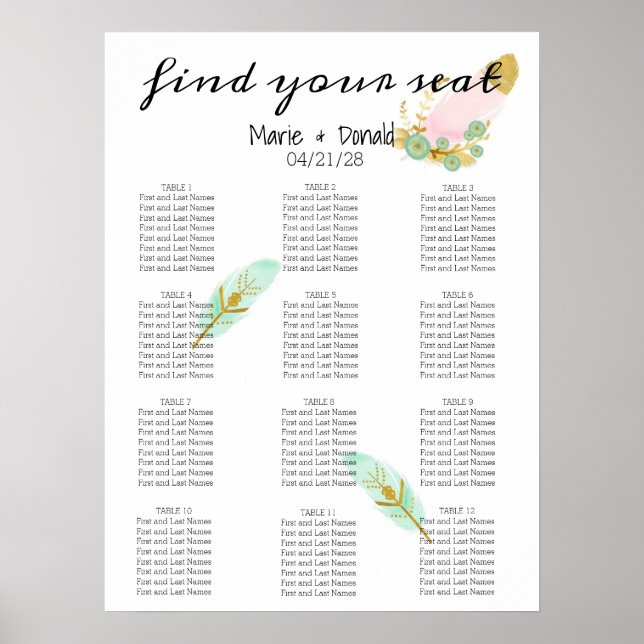 Boho Pink and Gold Feathers Seating Chart (Front)