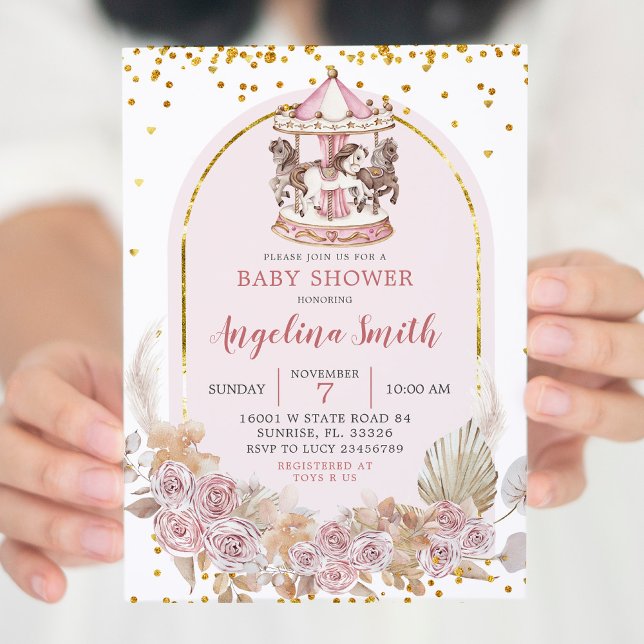 Boho Pink and Gold Floral Carousel Baby Shower Invitation (Creator Uploaded)