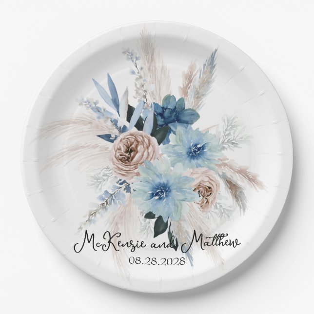 Boho Pink and Navy Peony Bouquet Wedding Paper Plate (Front)