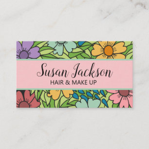 Boho Pink Aqua Gold Happy Floral Business Card