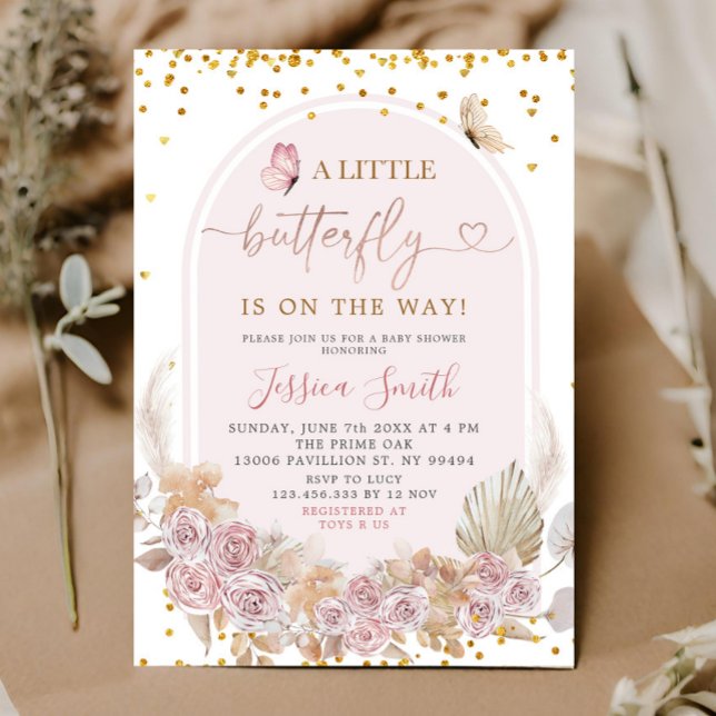 Boho Pink Arch Butterfly On The Way Baby Shower Invitation (Creator Uploaded)