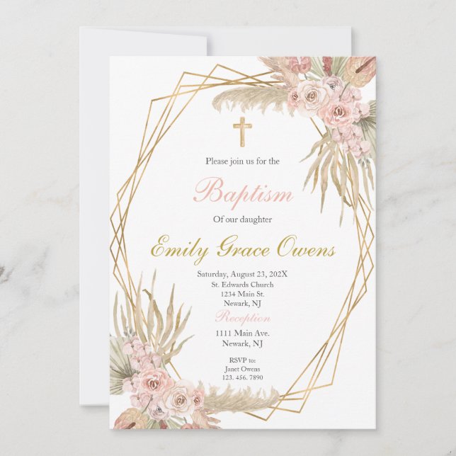 Boho pink baptism invitation (Front)