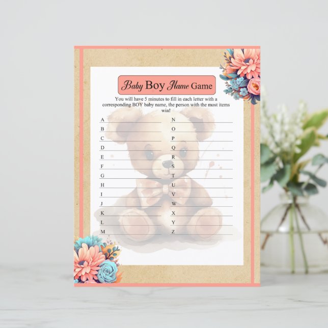 Boho Pink Bear Baby Boy Name Game (Standing Front)