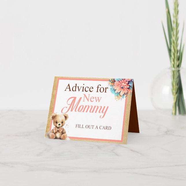 Boho Pink Bear Baby Shower Advice for Mummy Table  Card (Front)