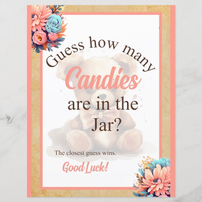 Boho Pink Bear Baby Shower Candy Jar Game (Front)