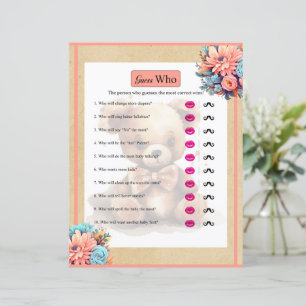Boho Pink Bear Baby Shower Guess Who Game