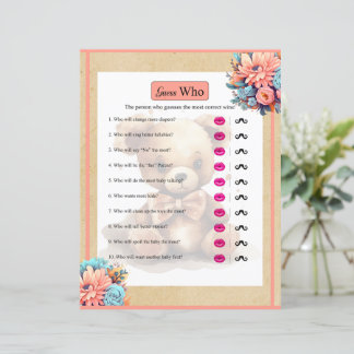 Boho Pink Bear Baby Shower Guess Who Game