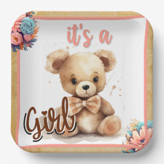 Boho Pink Bear Baby Shower Paper Plate