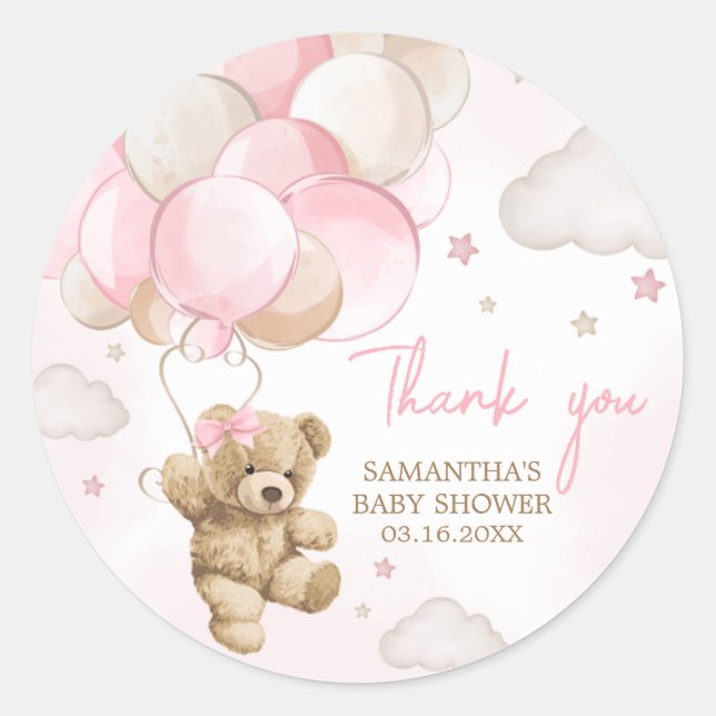 Boho Pink Bear Balloon Baby Shower Classic Round Sticker (Front)