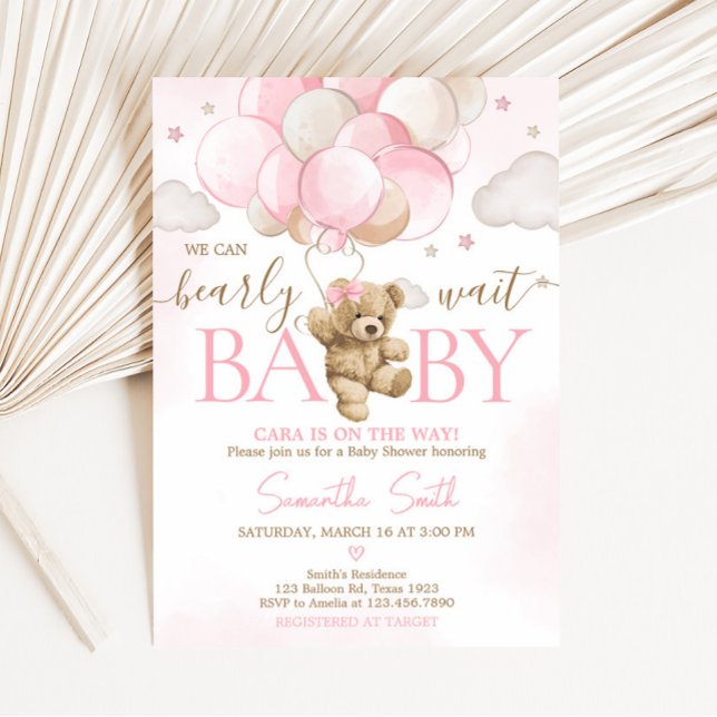 Boho Pink Bear Balloon Baby Shower  Invitation (We Can Bearly Wait Pink Balloon Baby Shower Invitation )