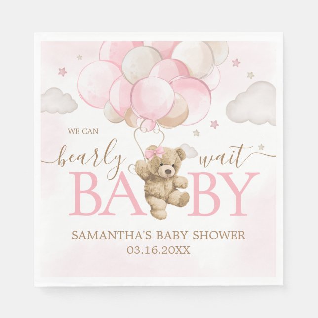 Boho Pink Bear Balloon Baby Shower Napkin (Front)