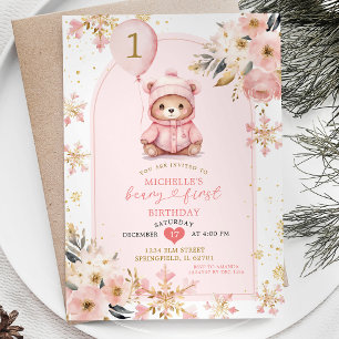 Boho Pink Beary First Winter Birthday Floral Invitation