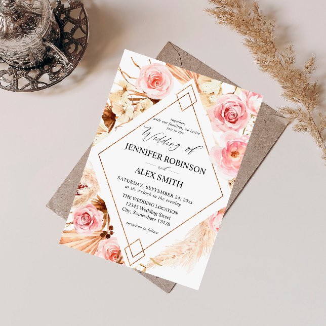 Boho Pink & Beige Floral Gold Wedding Invitation (Creator Uploaded)